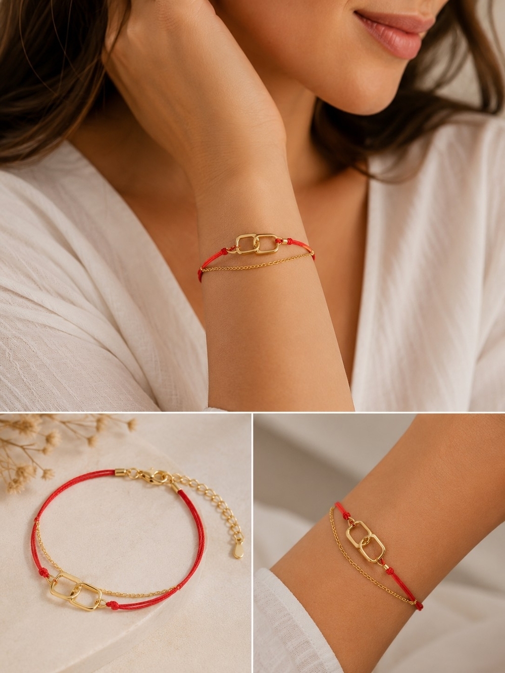 Gold Link Bracelet with Red Cord and Chain — Women Jewelry